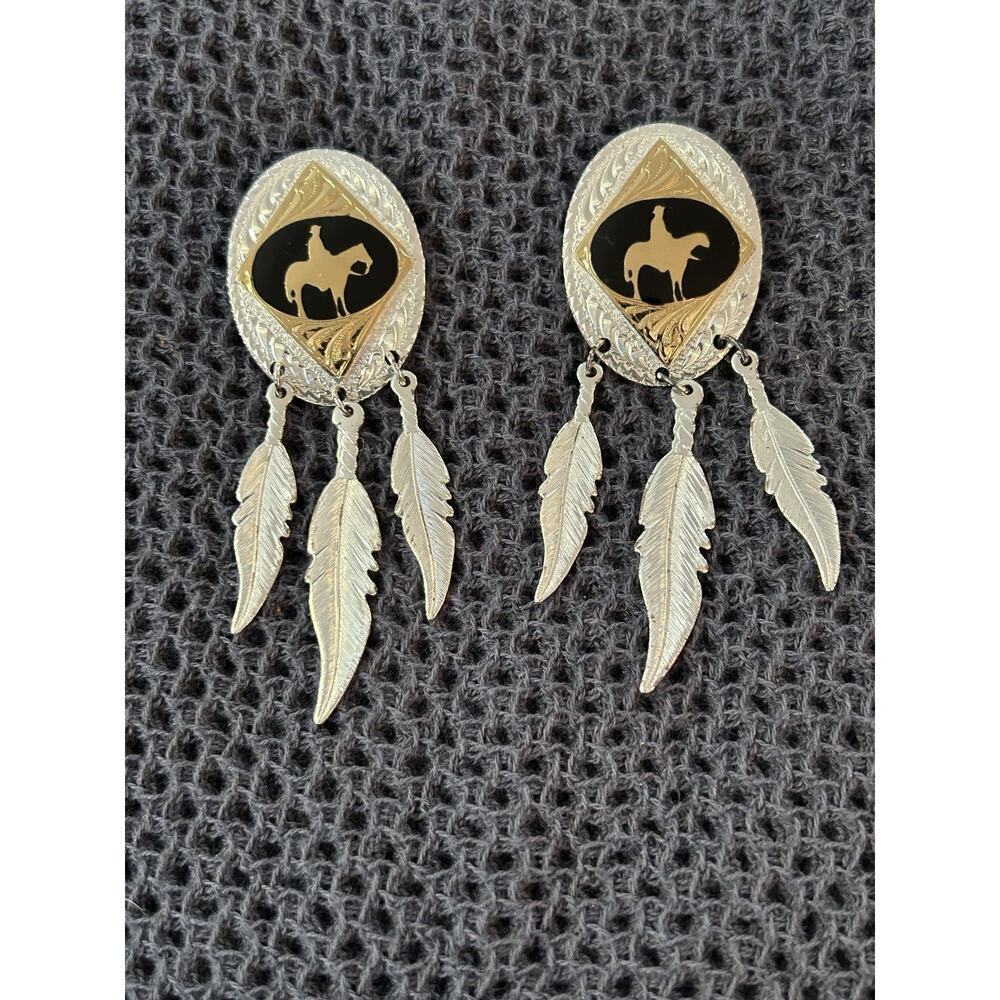 Montana Silversmiths Dangle Feathers Stud Horseman Earrings Western Silver Plate